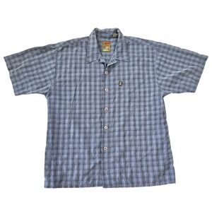 Vtg Pineapple Connection Mens Large Blue Plaid Short Sleeve Button Up Camp Shirt